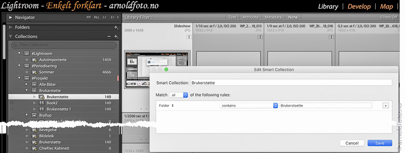 Smart Collection organiserer bildene logisk, og samler inn bilder basert på kriterier oppgitt i Smart Collection editor