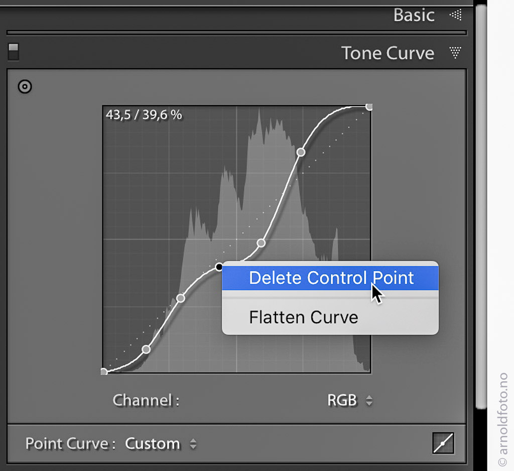 Høyreklikk for å slette kontrollpunkt i Tone Curve