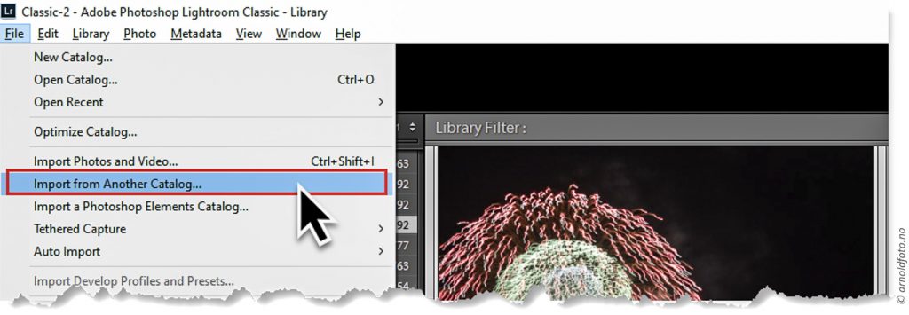 Med funksjonen Import from Another Catalog kan du slå sammen en Lightroom catalogfil med den aktive