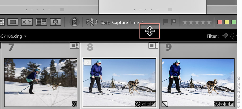 Miniatyrbildenes størrelse på filmstripen kan justeres ved å dra kanten oppover eller nedover