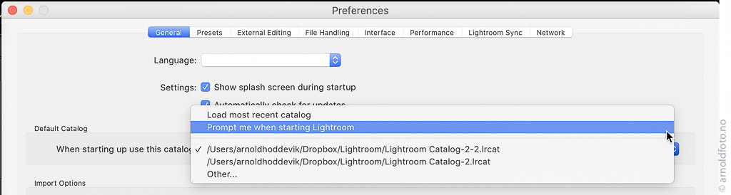 I Preferences kan du lagre en innstilling som tvinger deg til å velge blant flere catalogfiler ved hver oppstart av Lightroom Classic