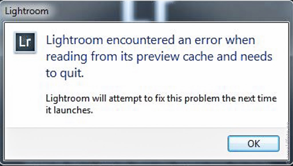 Lightroom encountered an error when reading from its preview cache