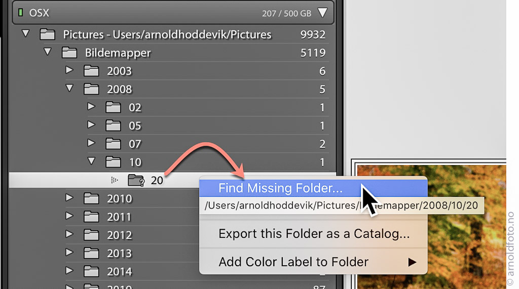 Høyreklikk på folderen merket med spørsmålstegn, og velg Find Missing Folder, for å koble til mappen igjen.
