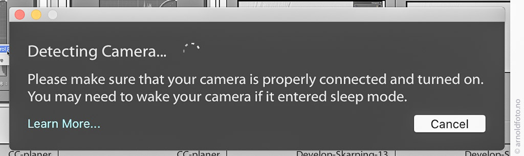 Tethered Capture finner ikke et tilkoblet kamera