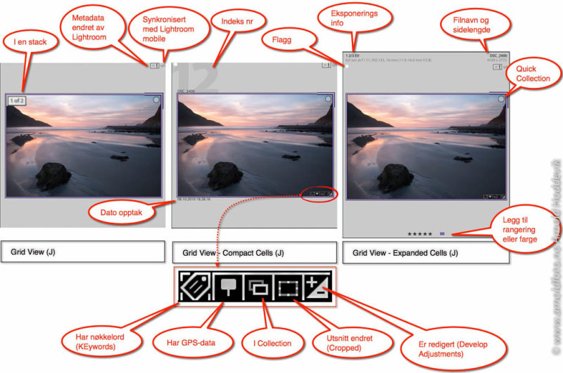 Mye forskjellig informasjon i Grid View i Lightroom