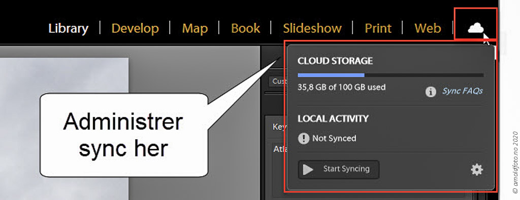 Fra Lightroom Classic 9.3 ble synkronisering flyttet helt til høyre i skjermbildet