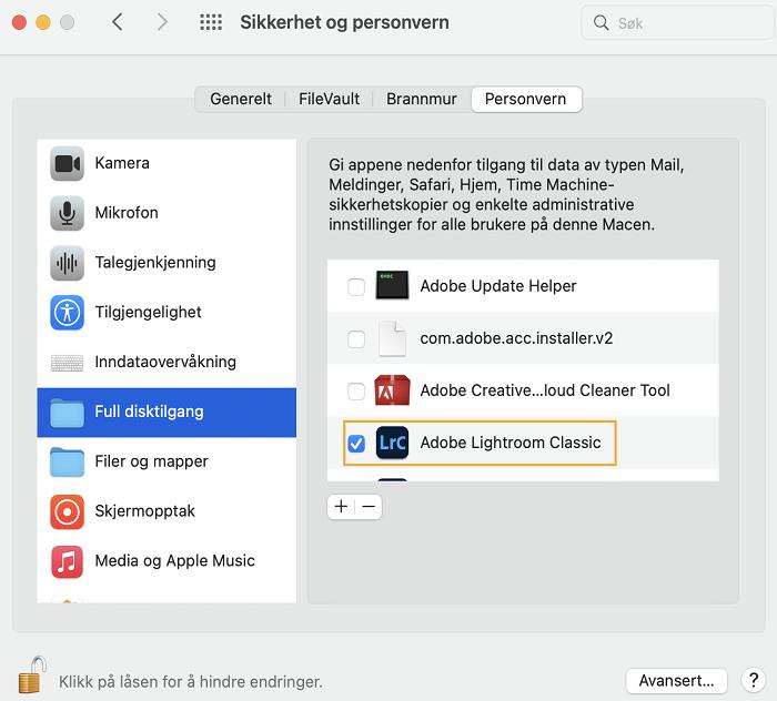 Mac OS, Systemvalg, Sikkerhet og personvern. Gi Lightroom Classic full disktilgang