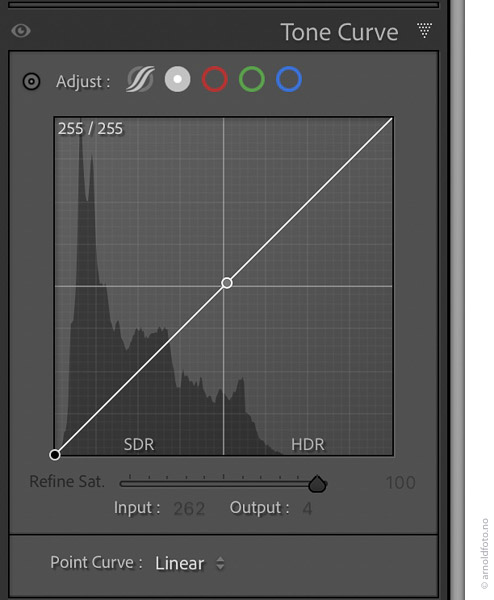Tonekurve i Lightroom, som viser standard og HDR toneomfang.