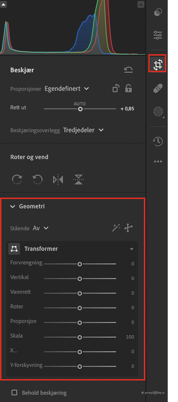 Geometri/oppretting er flyttet fra Redigeringspanelet til Utklippspanelet i Lightroom