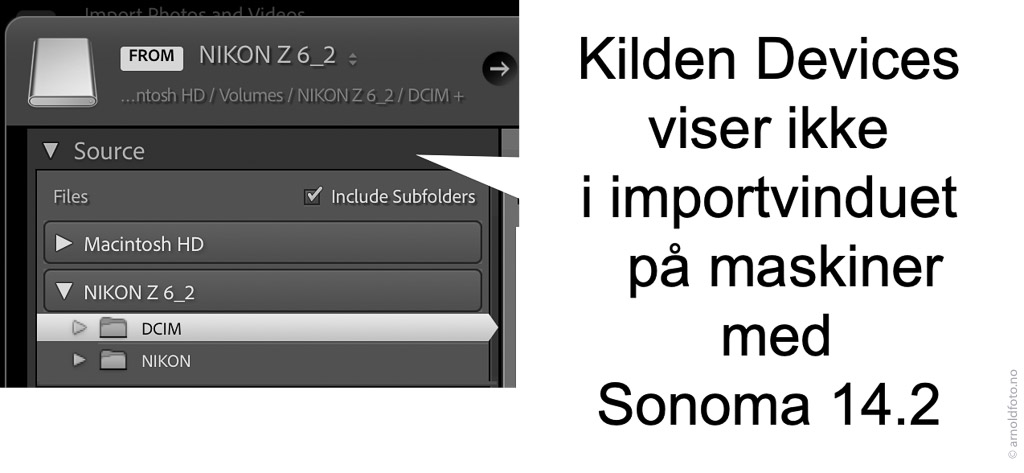 På maskiner med Sonoma 14.2 må du velge Files, når du skal importere bilder - i stedet for Device