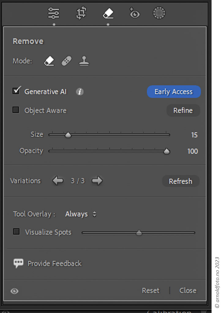 Nytt panel i Lightroom Classic med Generative AI/Avansert fjerning.