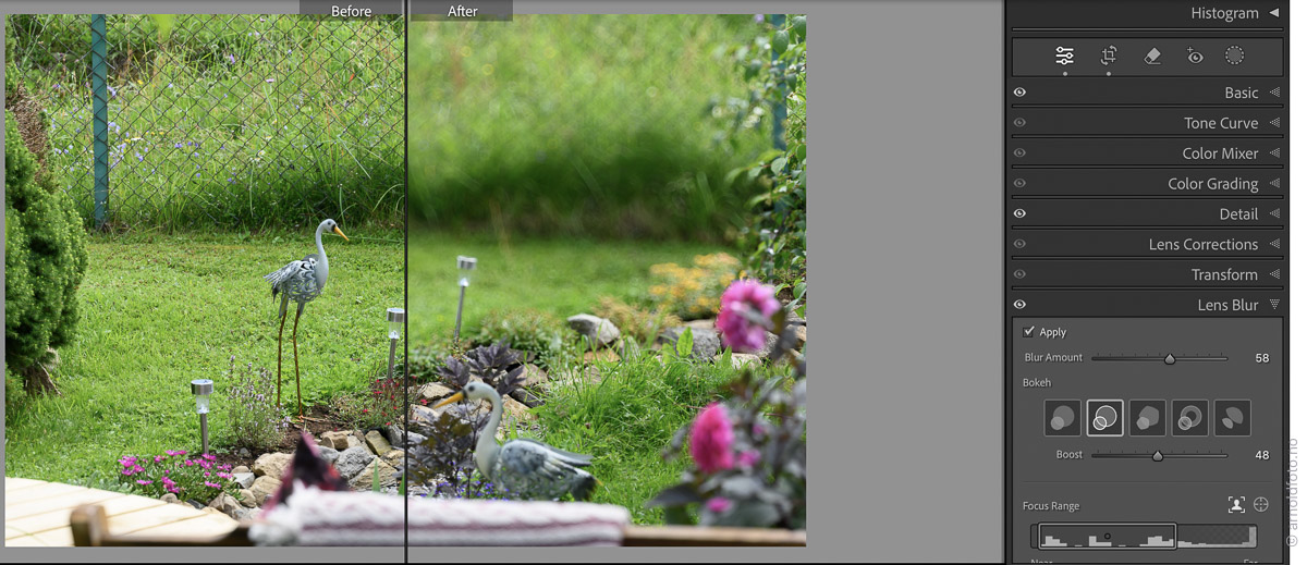 Bilde, som viser Lens Blur før og etter - etter til høyre i bildet.