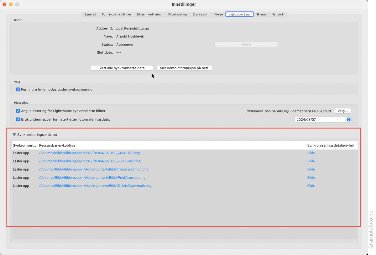 Informasjon om Lightroom sync