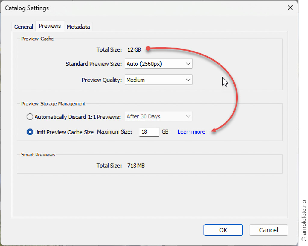 I Lightroom Classic Cataloginnstillinger  kan du fra versjon 14.0 begrense diskplassen Previews skal bruke.