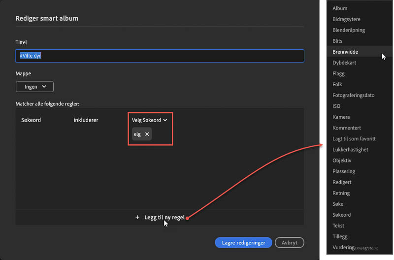 Nyheter i Lightroom 8 inneholder også muligheten til å opprette og redigere smarte album, som viser bilder basert på regler i i det smarte albumet.