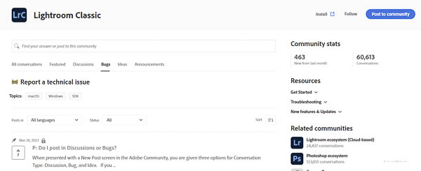 Du kan skrive en feilrapport i Adobe Community Lightroom Classic nettsside